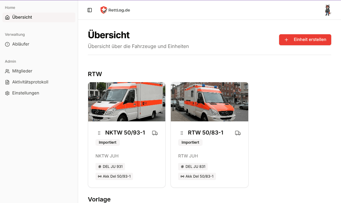 RettLog.de Dashboard Fahrzeugcheck